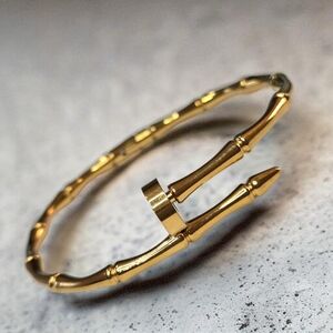18k Gold Plated Stainless Bamboo Nail Bangle Hinged Bracelet